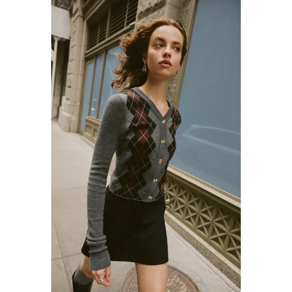 Ganni Gray Argyle V-Neck Cardigan with Burgundy and Black